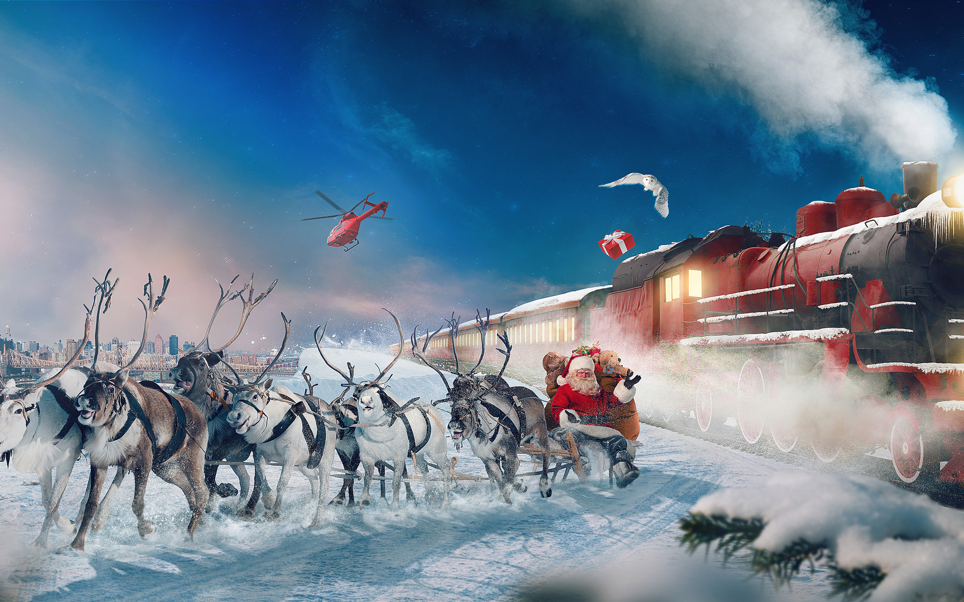 polar express, reindeer chariot, santa claus, gifts, winter, snow