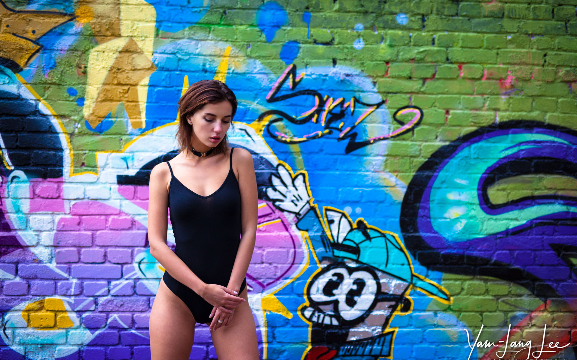 women, portrait, leotard, choker, wall, graffiti, brunette, yam-lang lee, 