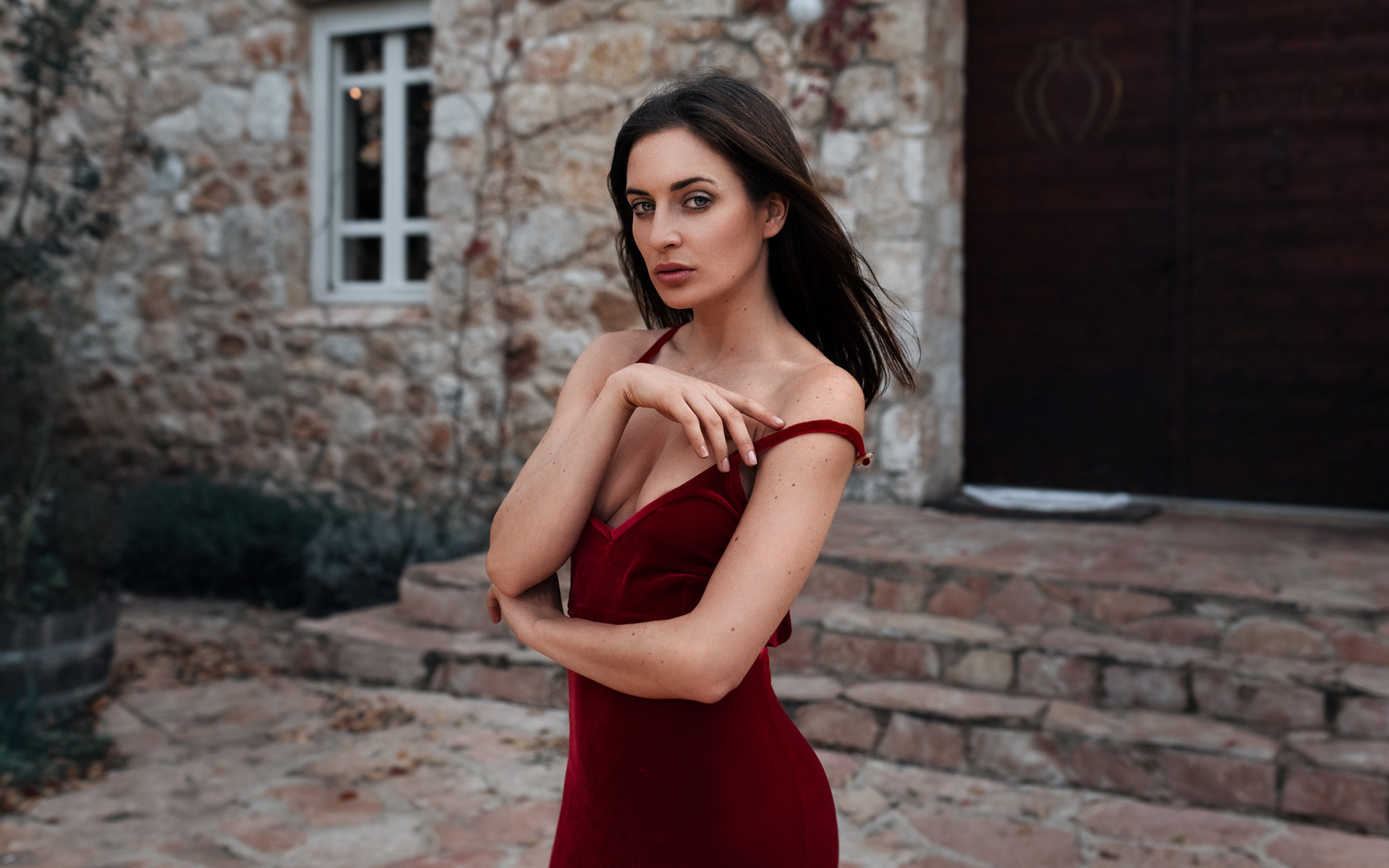 women, portrait, red dress, women outdoors, window, door