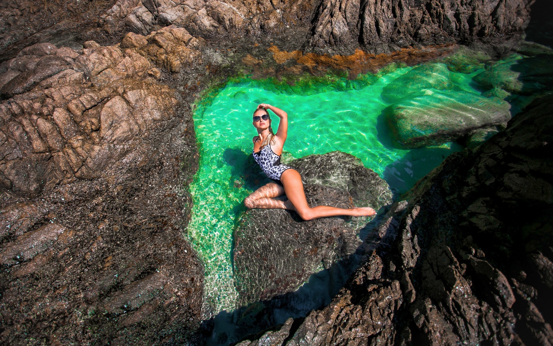 model, nature, swimwear, women outdoors, ivan chinilov, water, rock, women with shades