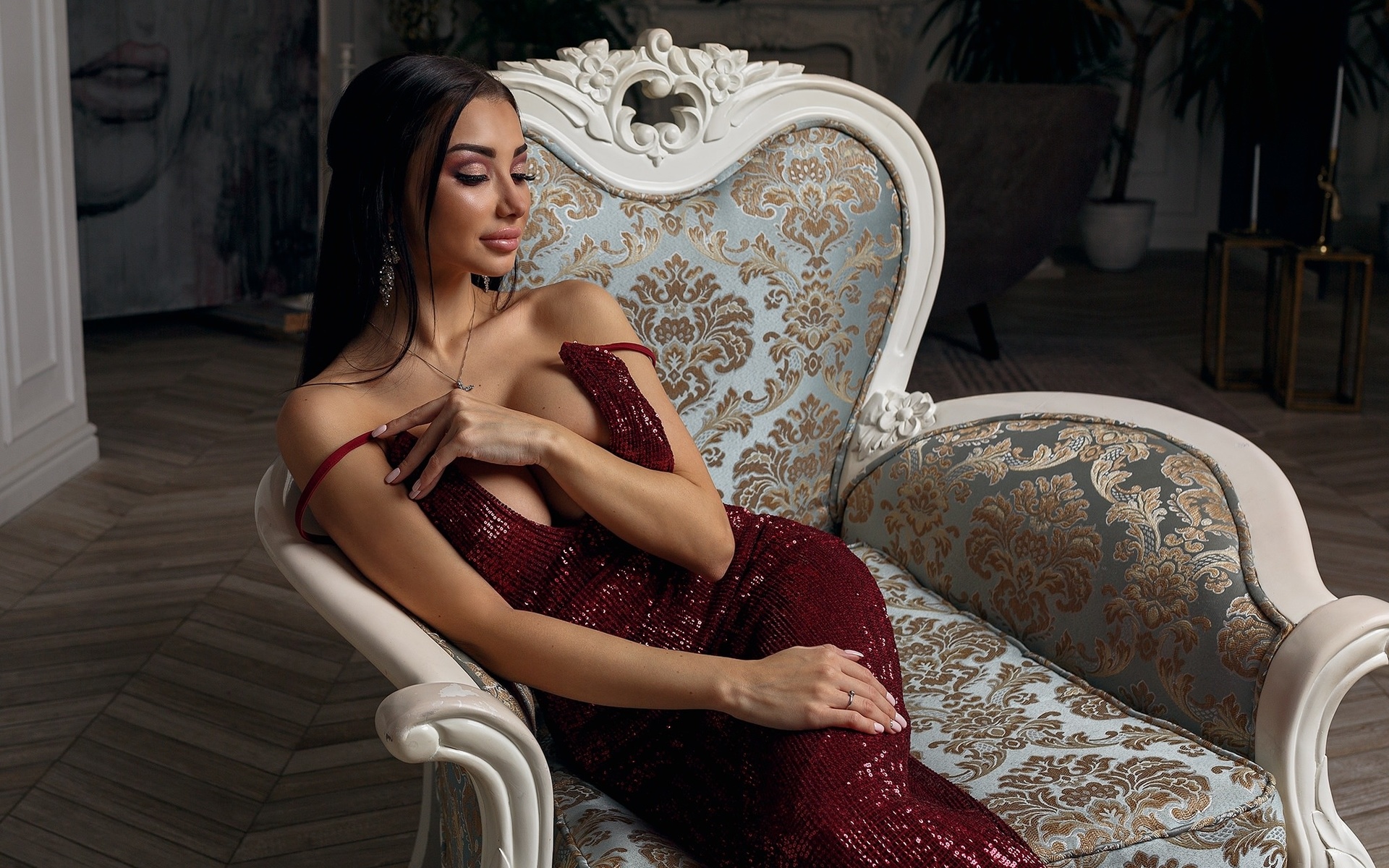 women, sitting, bare shoulders, pink nails, red dress, pink lipstick, necklace, portrait, plants, cleavage, candles