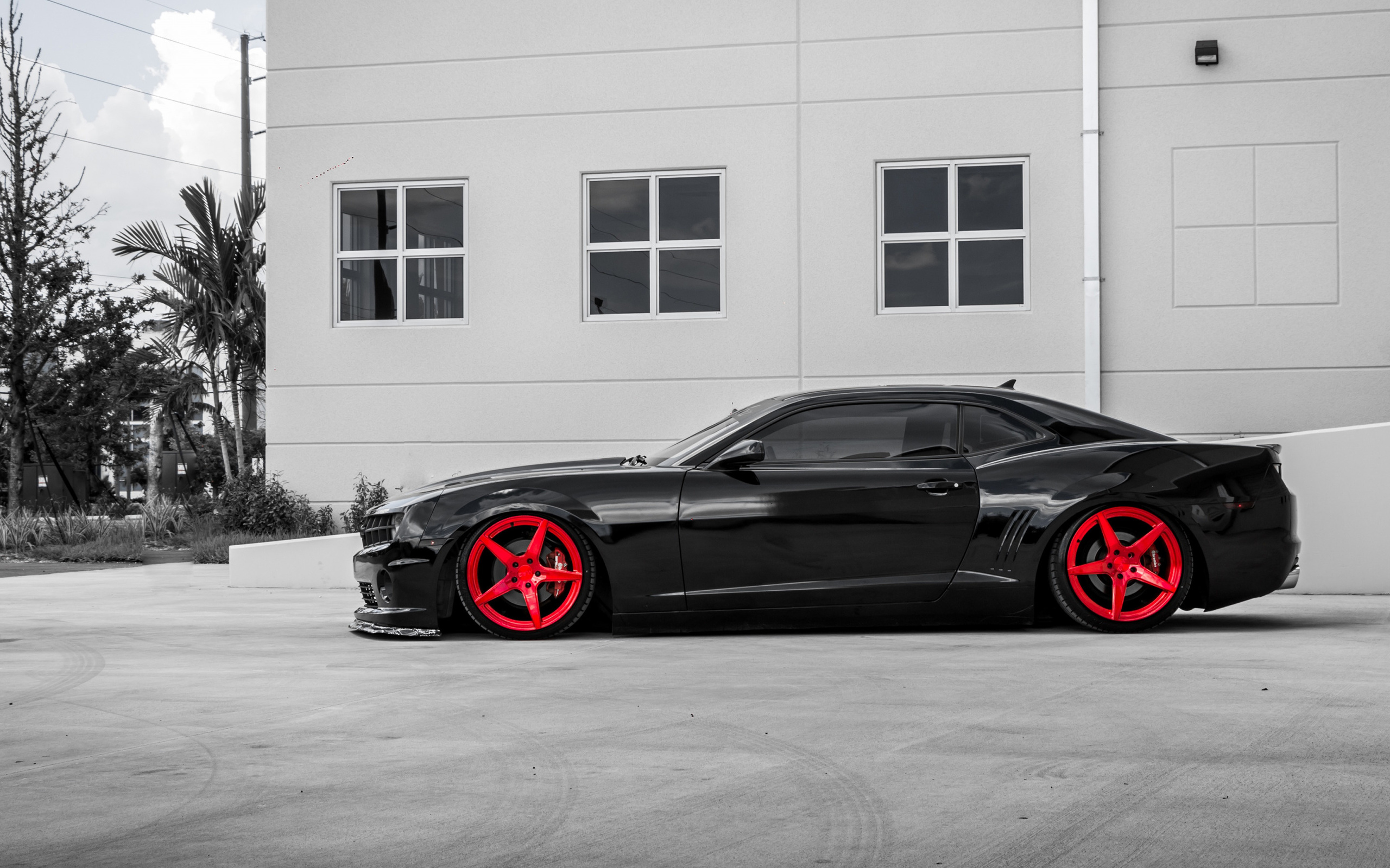 chevrolet, camaro, black, supercar, red, wheels, side view, tuning