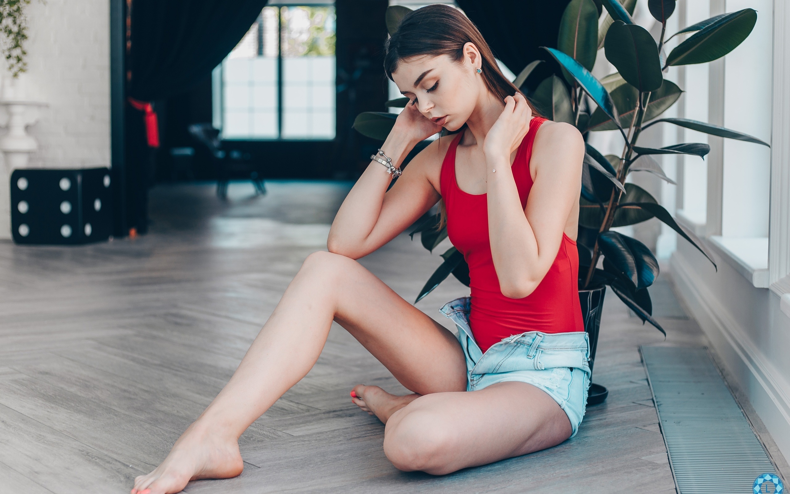 women, sitting, plants, on the floor, portrait, one-piece swimsuit, window