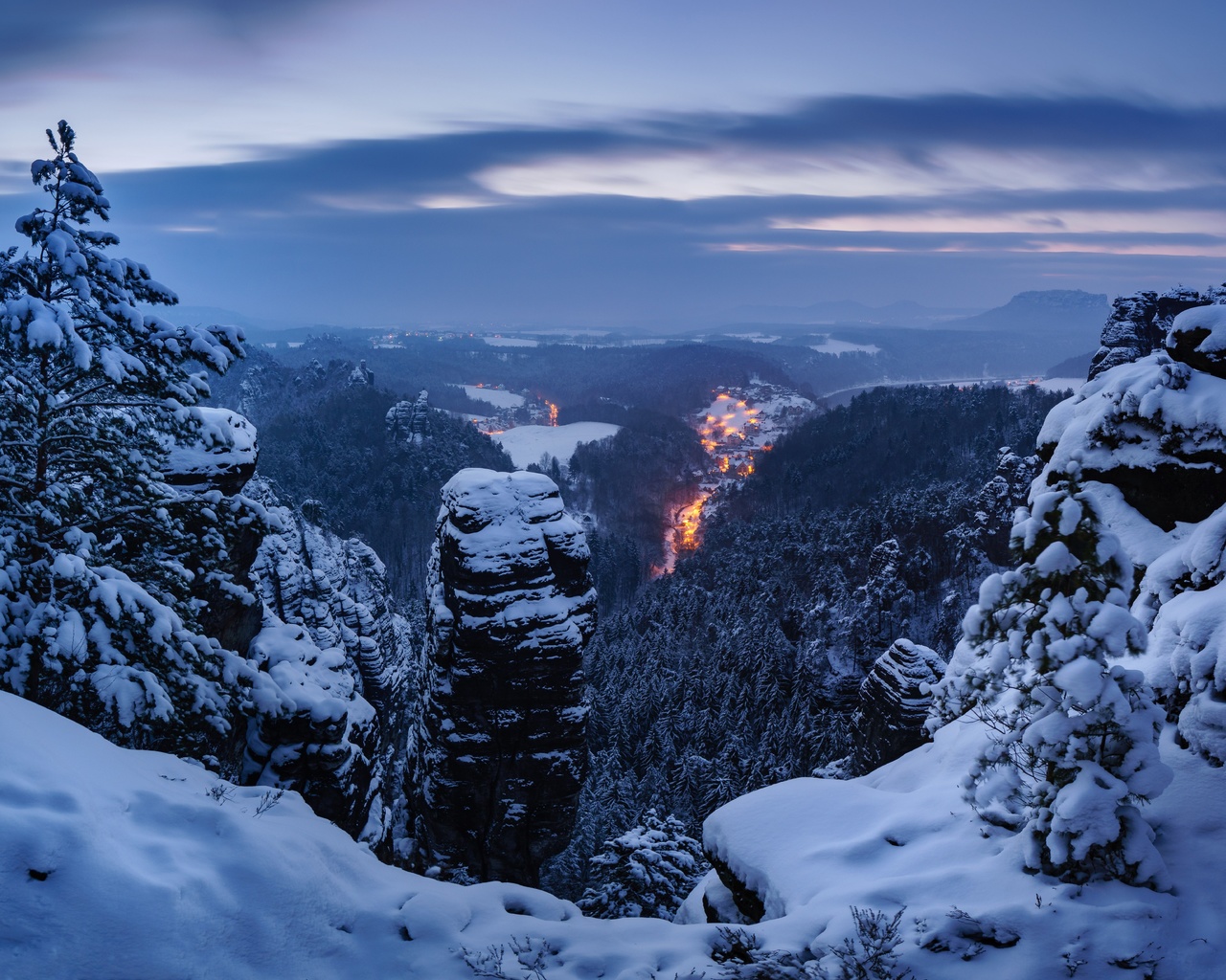 winter, snow, trees, mountains, germany, panorama, germany, saxon switzerland, saxon switzerland, elbe sandst