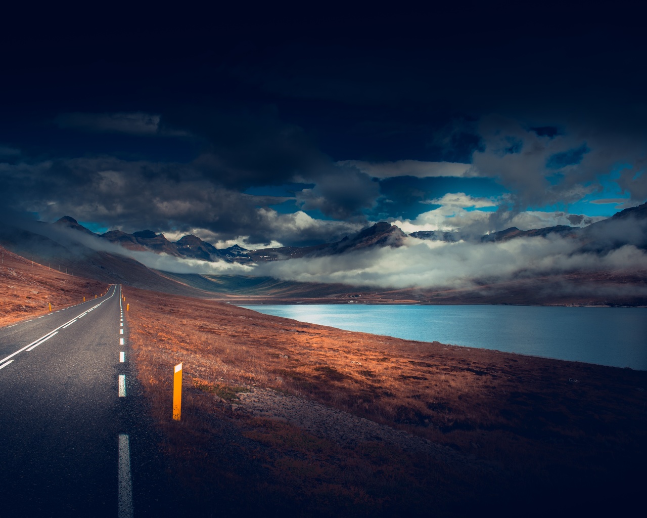 long road, asphalt, lake, dark weather, scenic, clouds