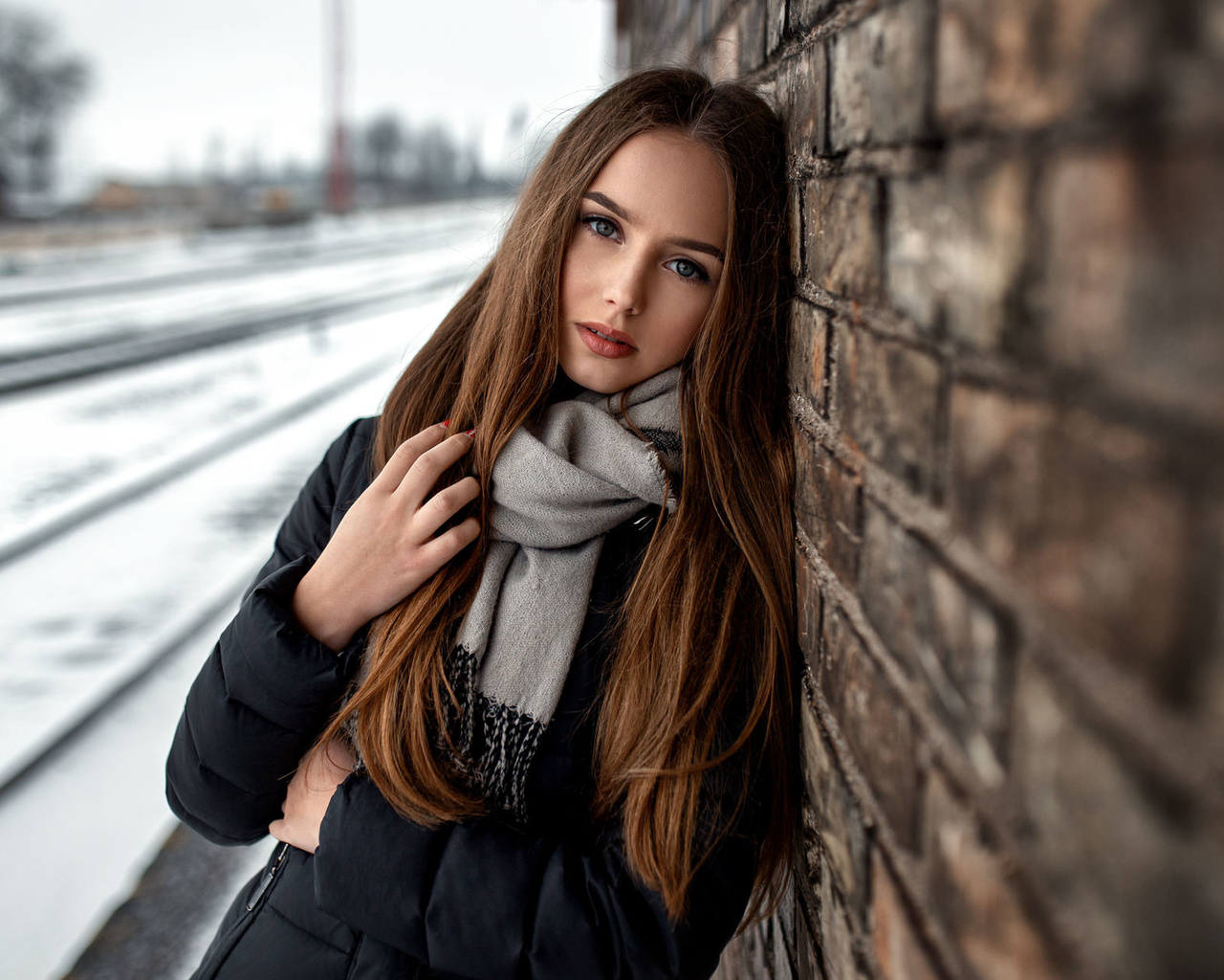 women, portrait, face, coats, scarf, bricks, snow, red nails, gray eyes, long hair