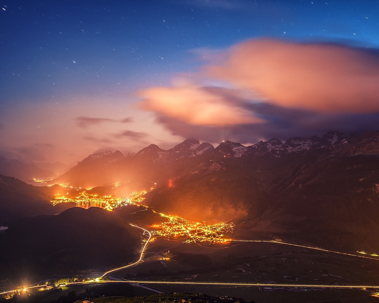 switzerland, village, lights, mountain, scenic, clouds, stars