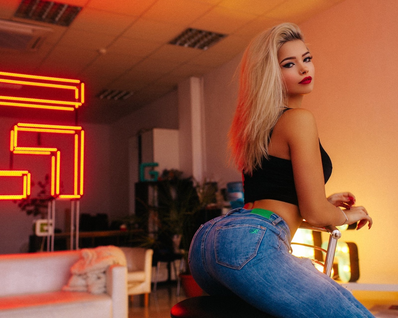 women, blonde, red lipstick, sitting, jeans, chair, nose ring, neon