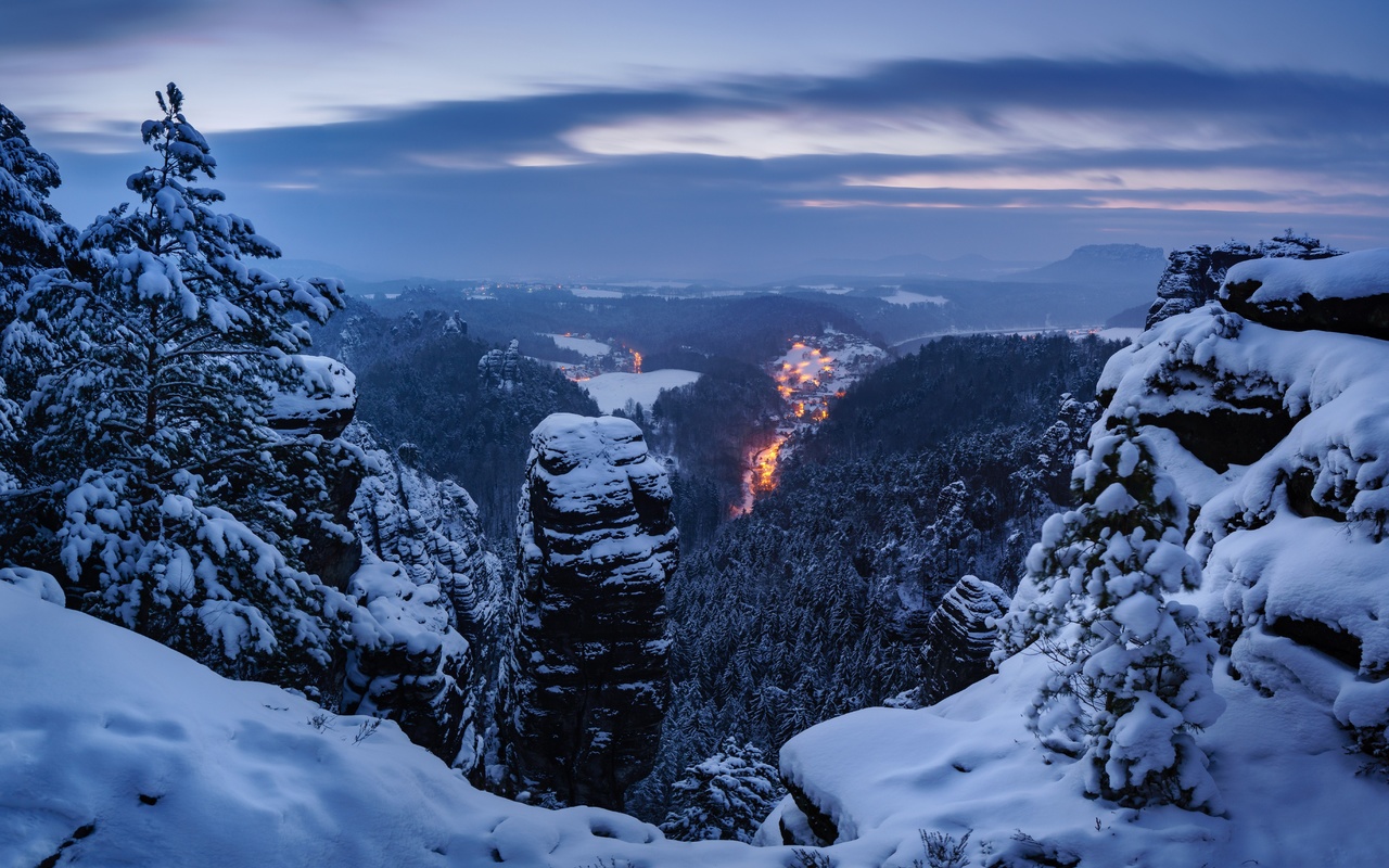 winter, snow, trees, mountains, germany, panorama, germany, saxon switzerland, saxon switzerland, elbe sandst