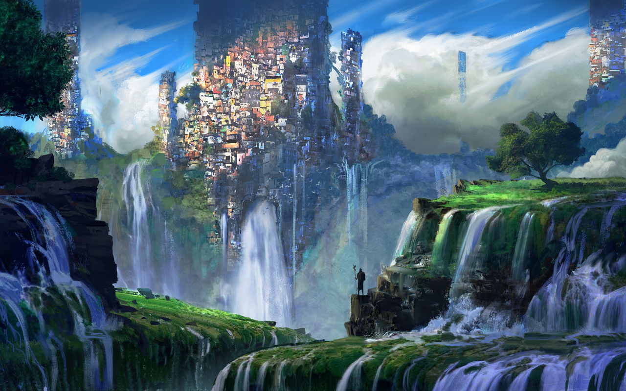 waterfall, slums