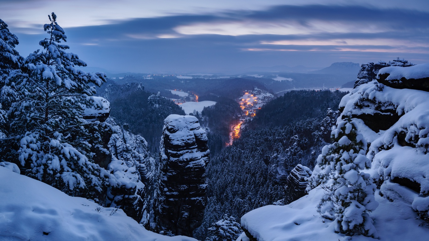 winter, snow, trees, mountains, germany, panorama, germany, saxon switzerland, saxon switzerland, elbe sandst