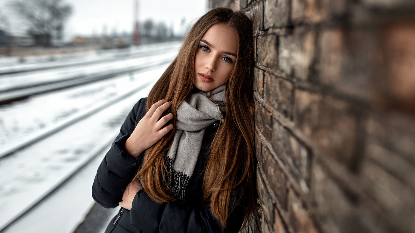 women, portrait, face, coats, scarf, bricks, snow, red nails, gray eyes, long hair