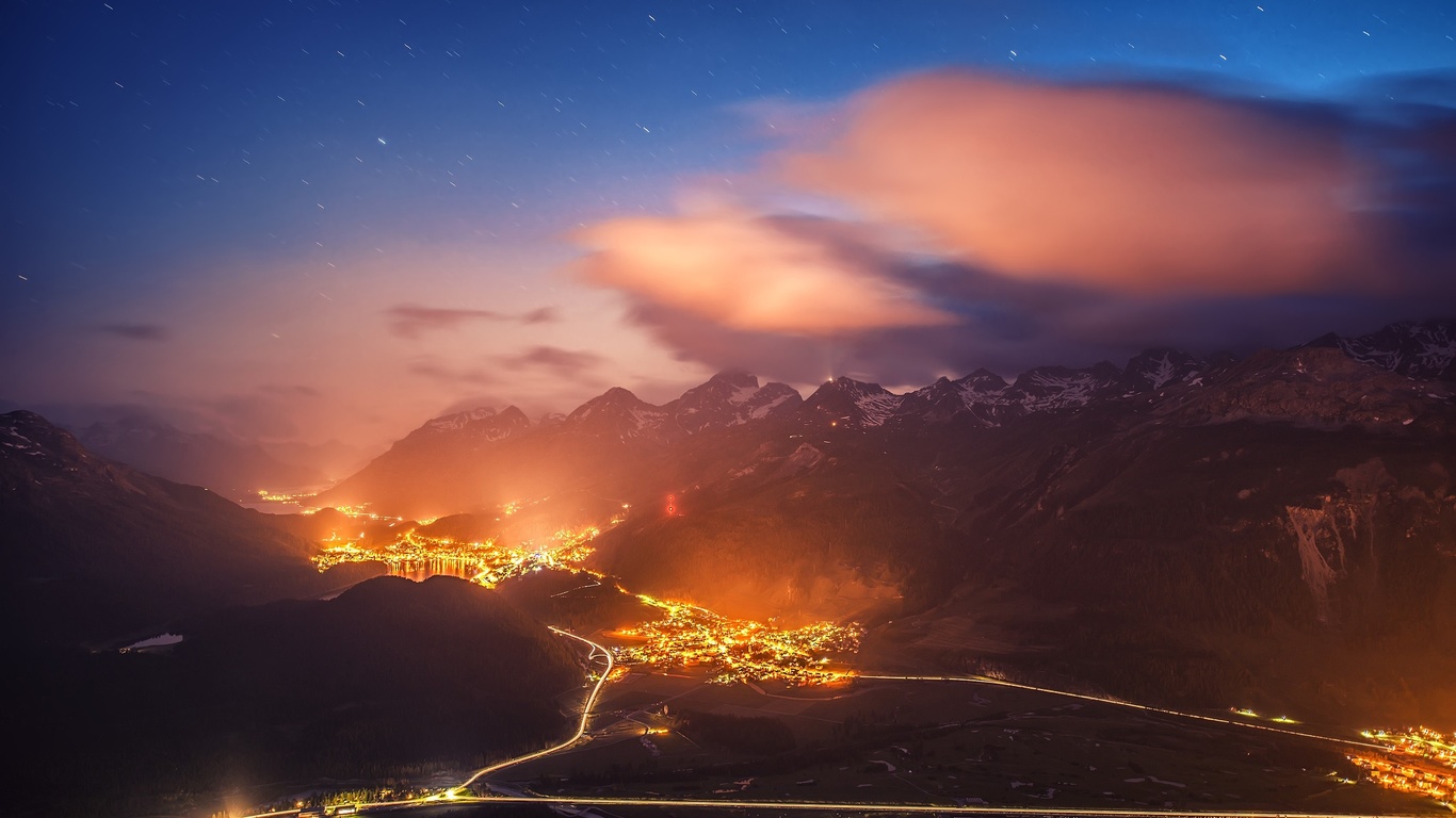 switzerland, village, lights, mountain, scenic, clouds, stars