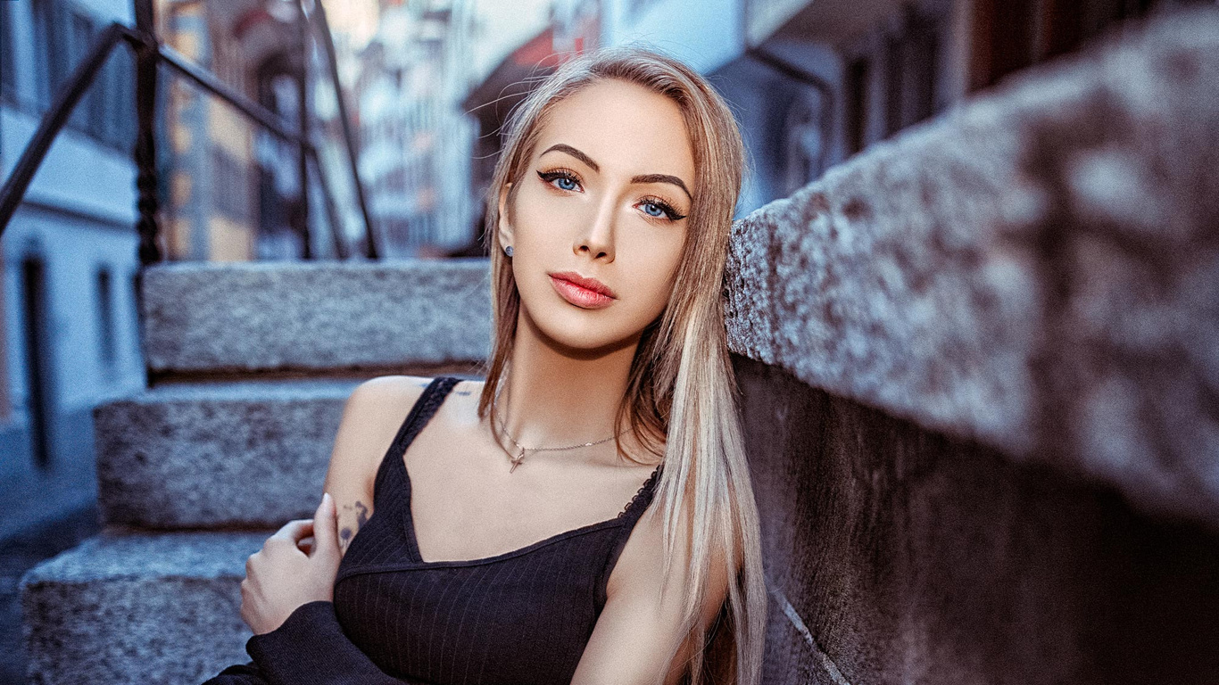 women, blonde, eyeliner, tattoo, portrait, blue eyes, stairs, john noe, , , , , , ,