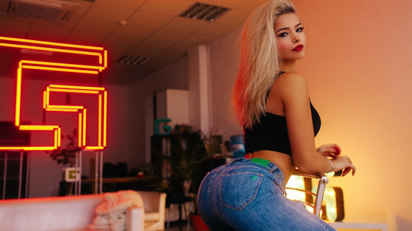 women, blonde, red lipstick, sitting, jeans, chair, nose ring, neon