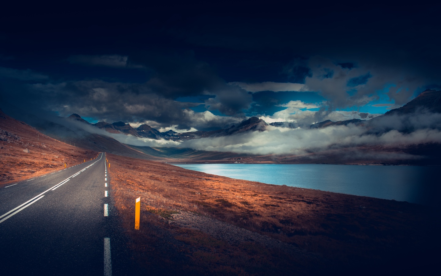 long road, asphalt, lake, dark weather, scenic, clouds