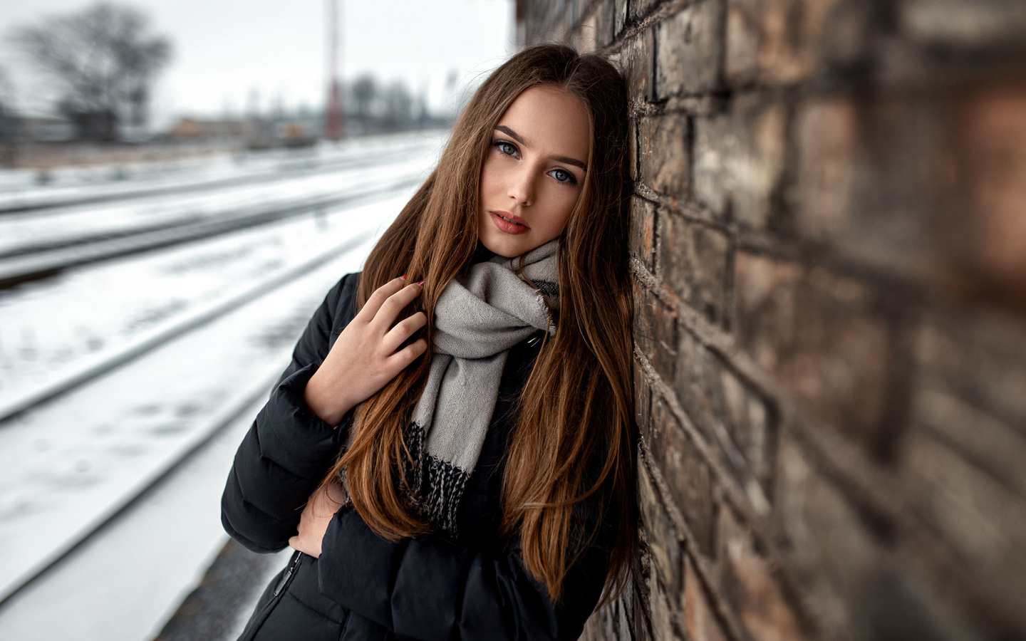 women, portrait, face, coats, scarf, bricks, snow, red nails, gray eyes, long hair