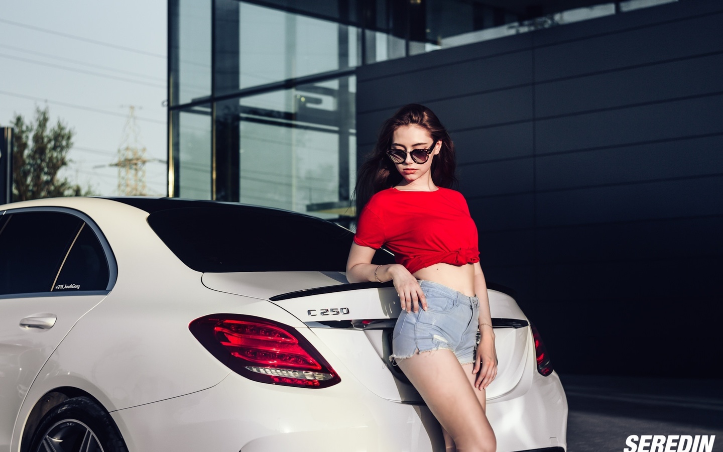 women, portrait, jean shorts, women outdoors, t-shirt, sunglasses, women with cars, seredin , 