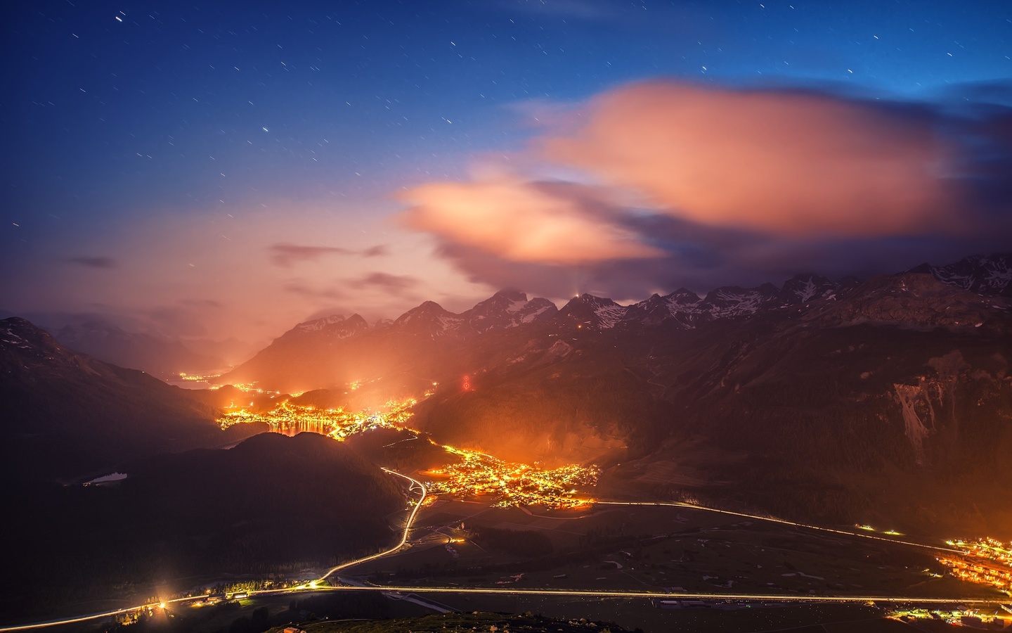 switzerland, village, lights, mountain, scenic, clouds, stars