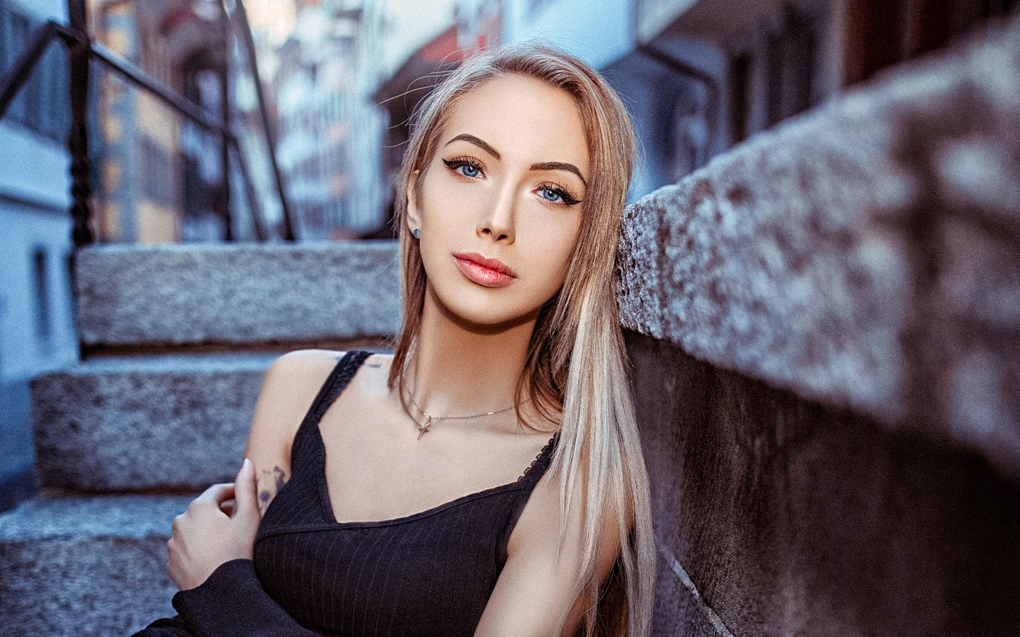 women, blonde, eyeliner, tattoo, portrait, blue eyes, stairs, john noe, , , , , , ,