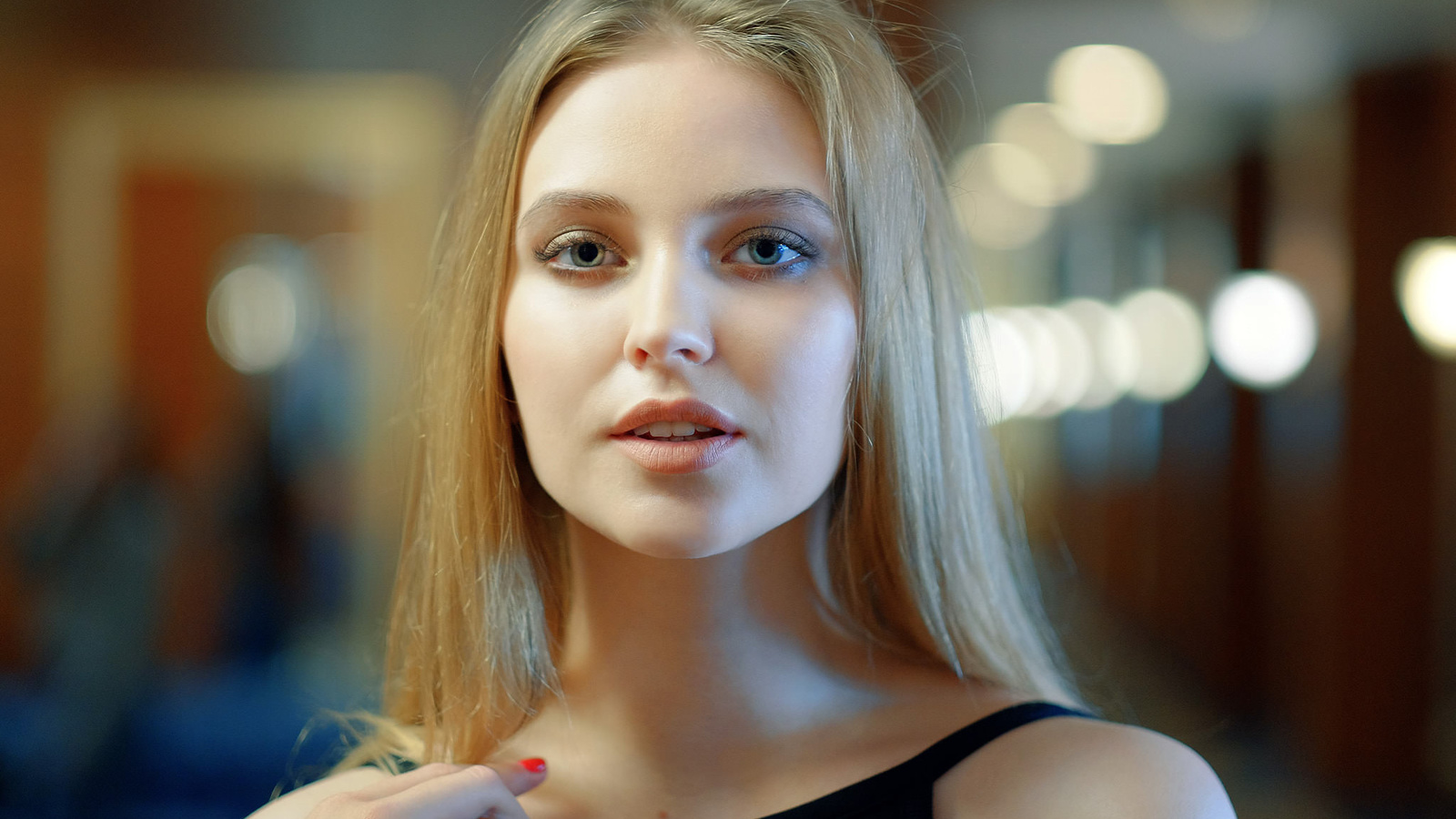 women, blonde, red nails, portrait, bare shoulders, bokeh, igor goodkov