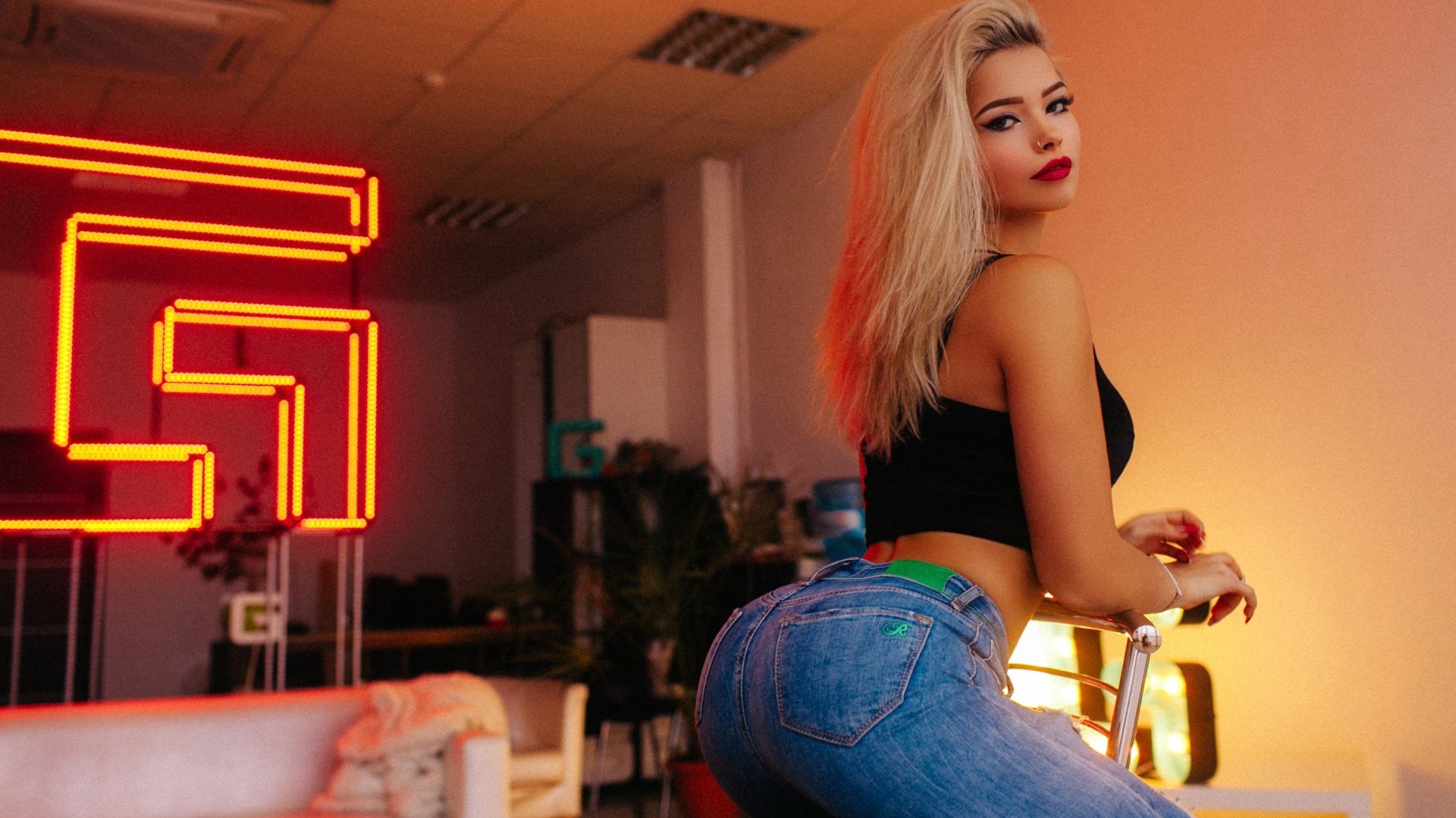 women, blonde, red lipstick, sitting, jeans, chair, nose ring, neon