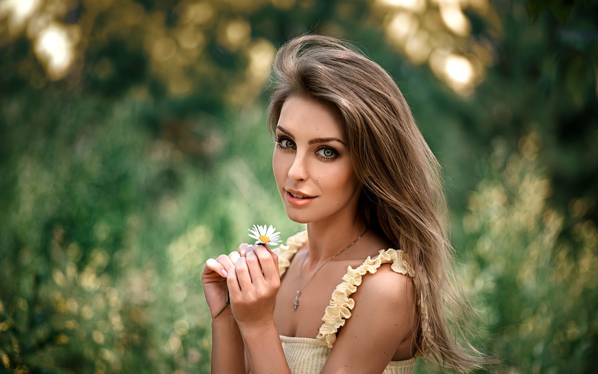 women, blonde, smiling, portrait, necklace, flowers, face, green eyes, women outdoors,  , 