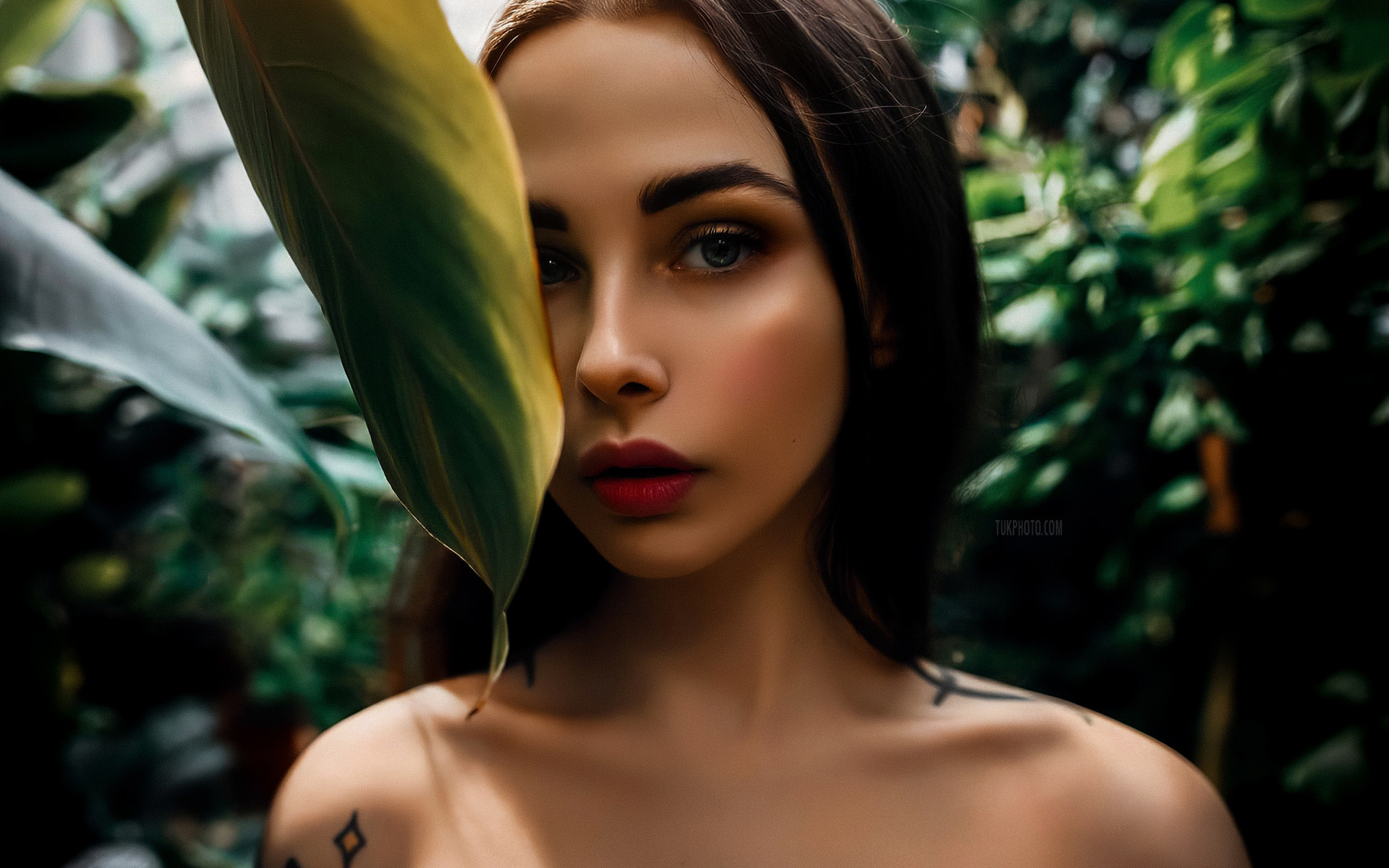 women, face, portrait, bare shoulders, tattoo, women outdoors, plants