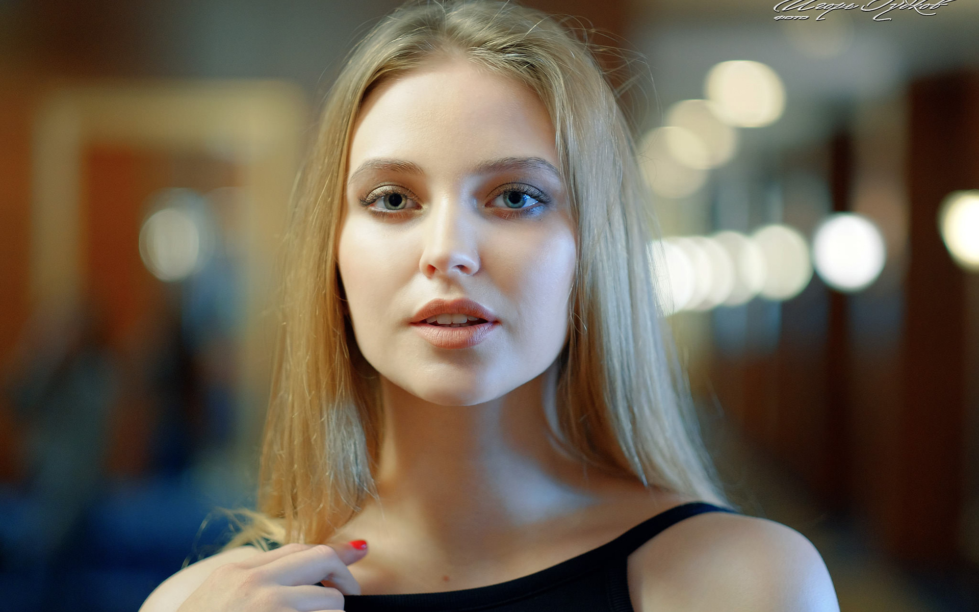 women, blonde, red nails, portrait, bare shoulders, bokeh, igor goodkov