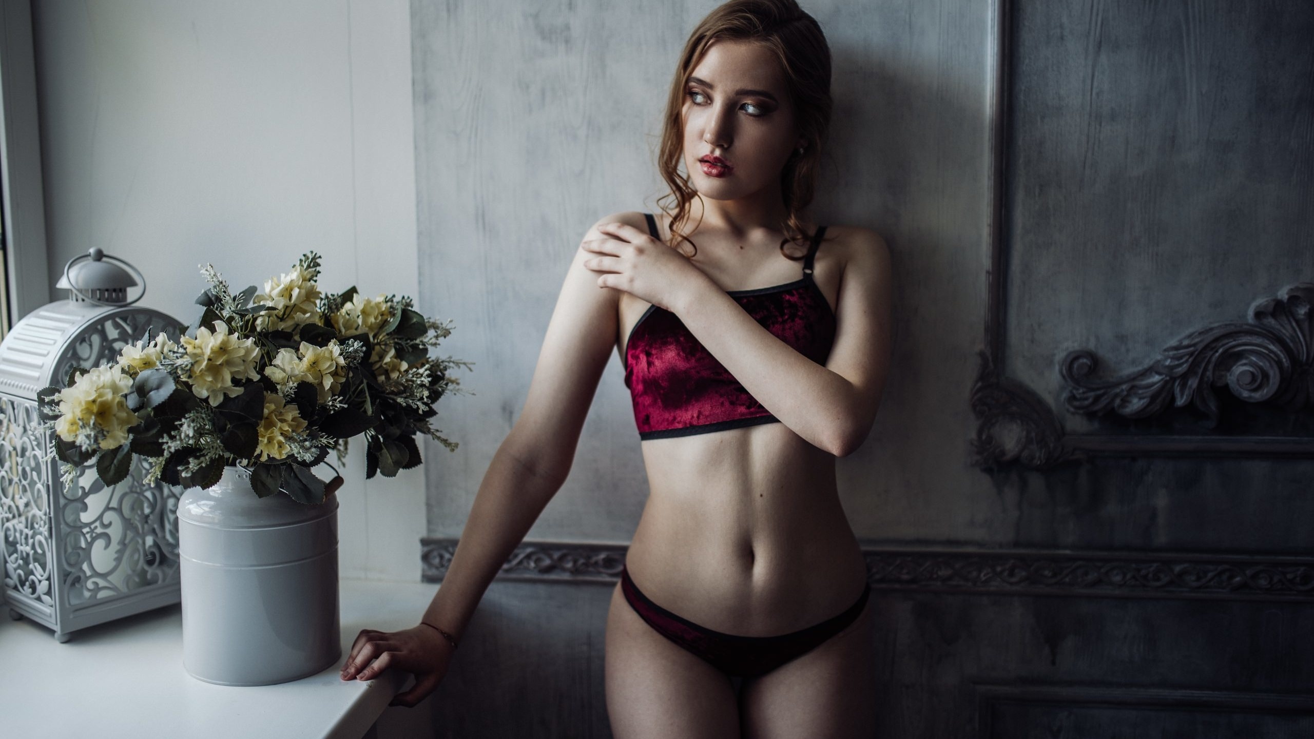 women, portrait, lingerie, window, looking away, wall, flowers, the gap, belly