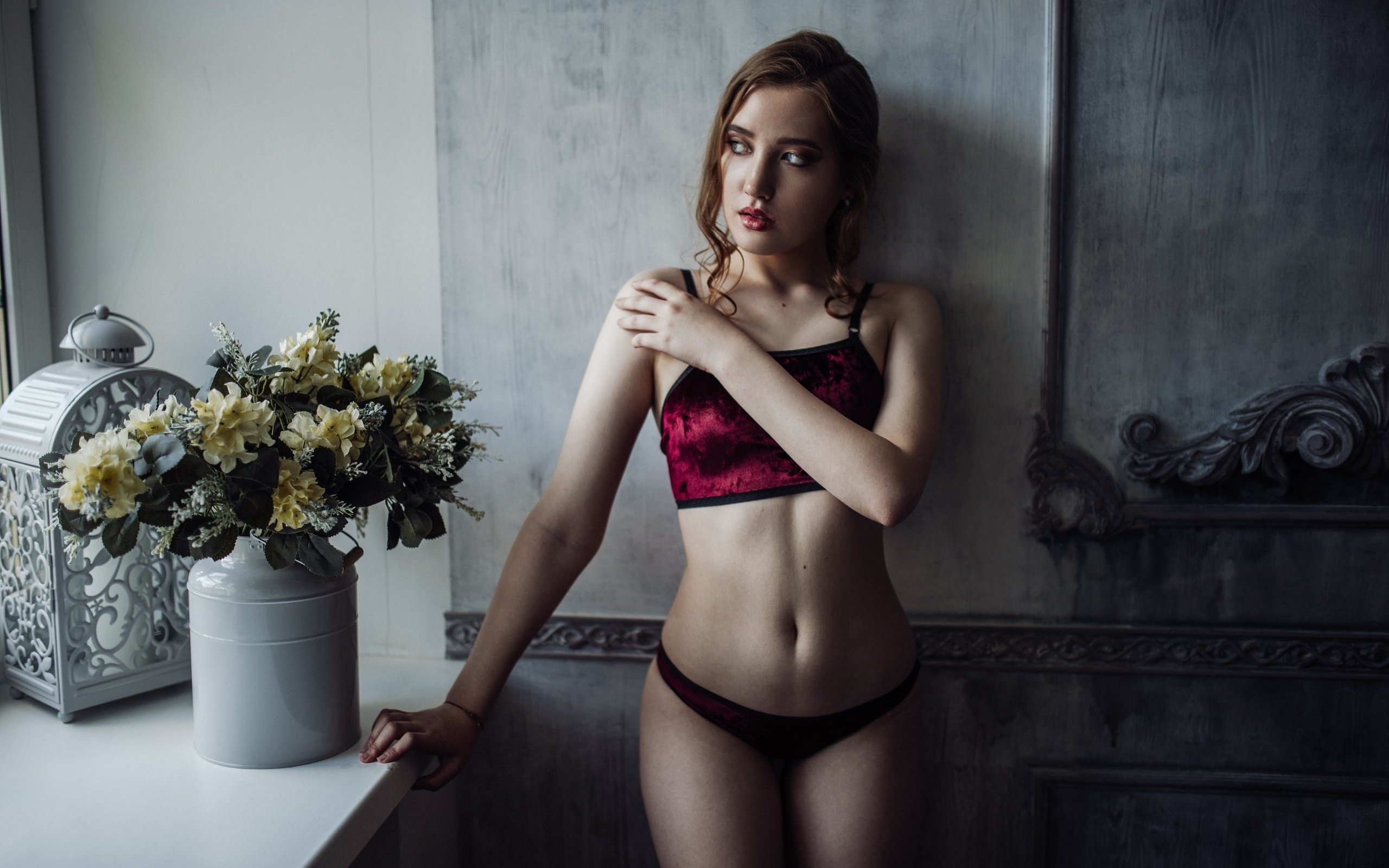 women, portrait, lingerie, window, looking away, wall, flowers, the gap, belly