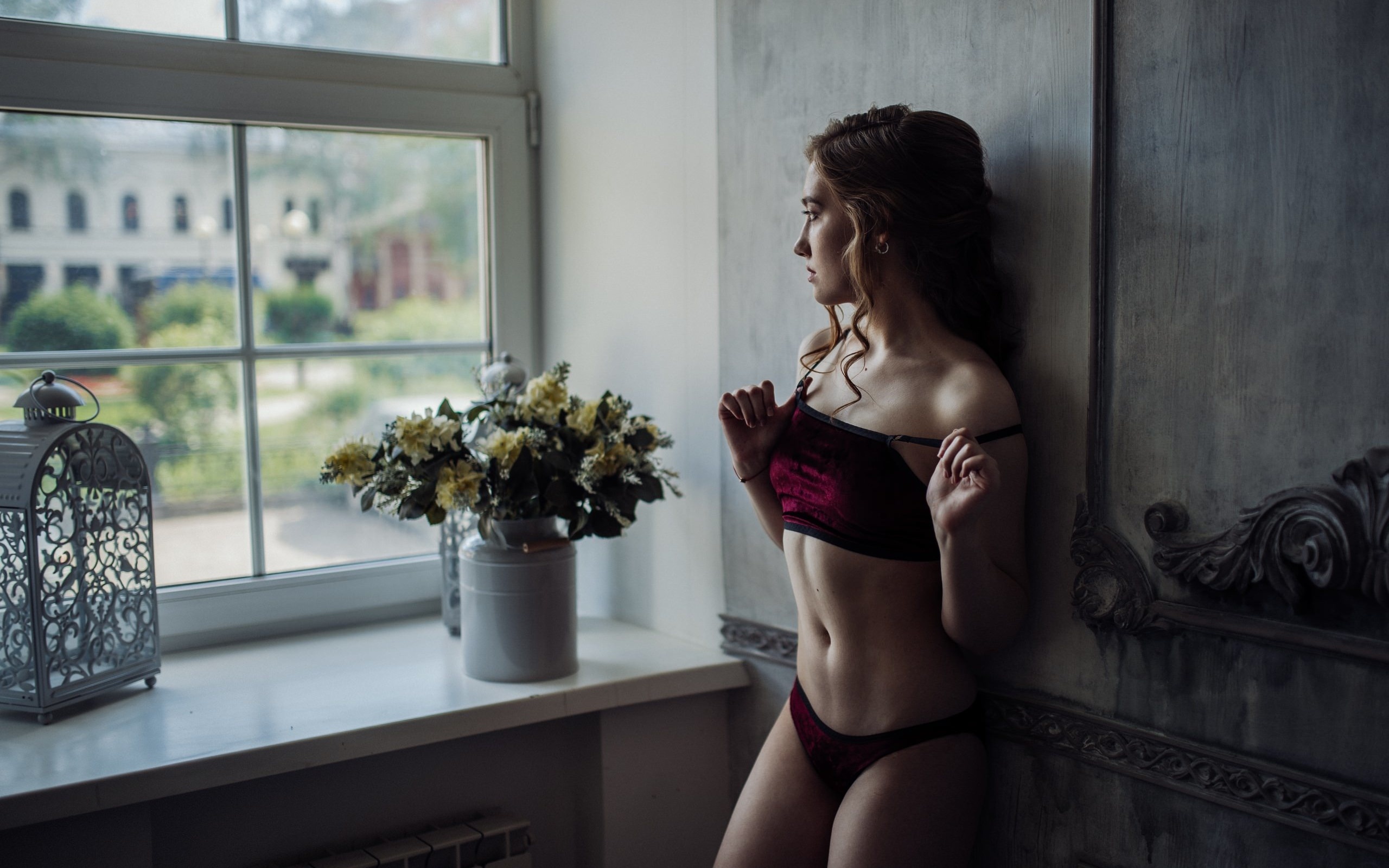 women, portrait, lingerie, window, looking away, wall, flowers, belly