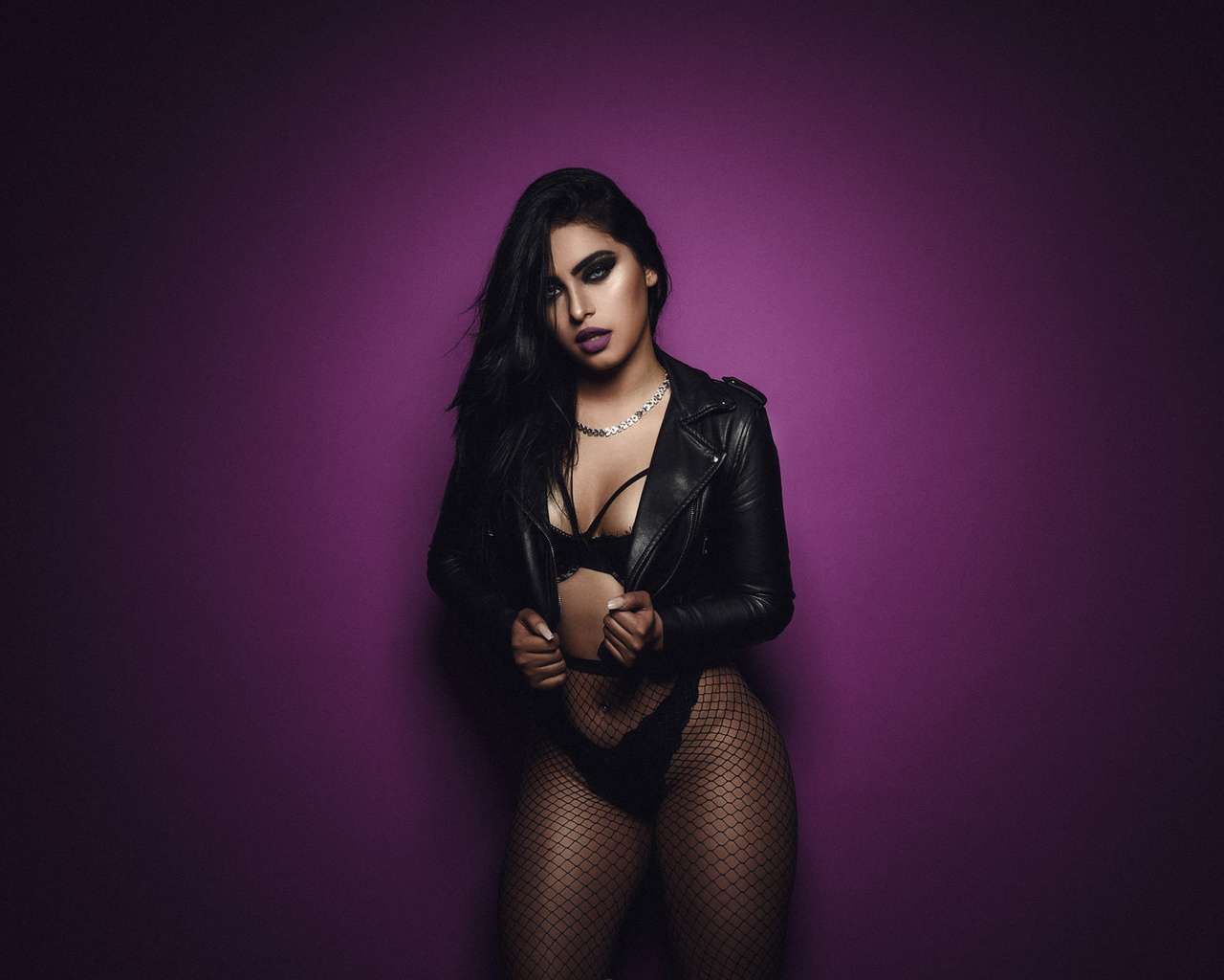 women, paul egas scarino, purple background, brunette, leather jackets, black lingerie, fishnet lingerie, fishnet stockings, pierced navel