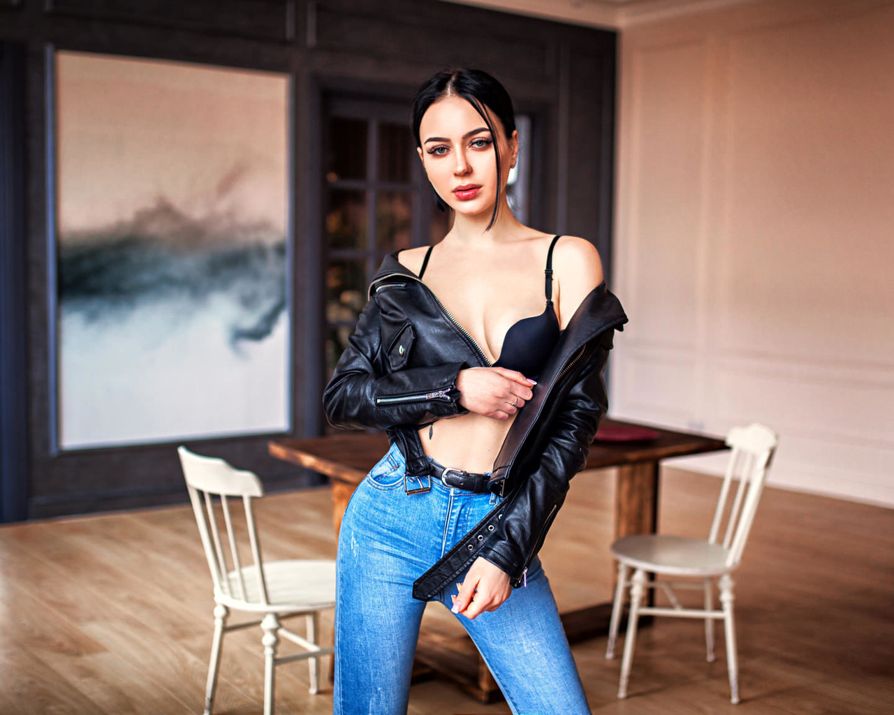 women, skinny, black bras, jeans, chair, table, belt, leather jackets