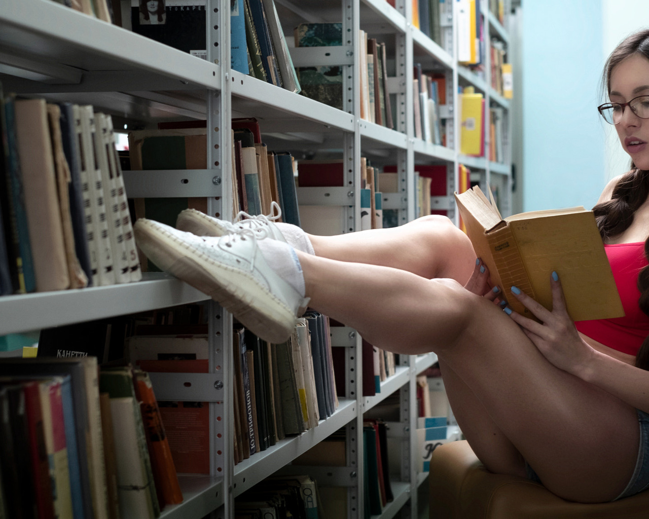 women, sitting, jean shorts, sneakers, books, pigtails, women with glasses, white socks, painted nails