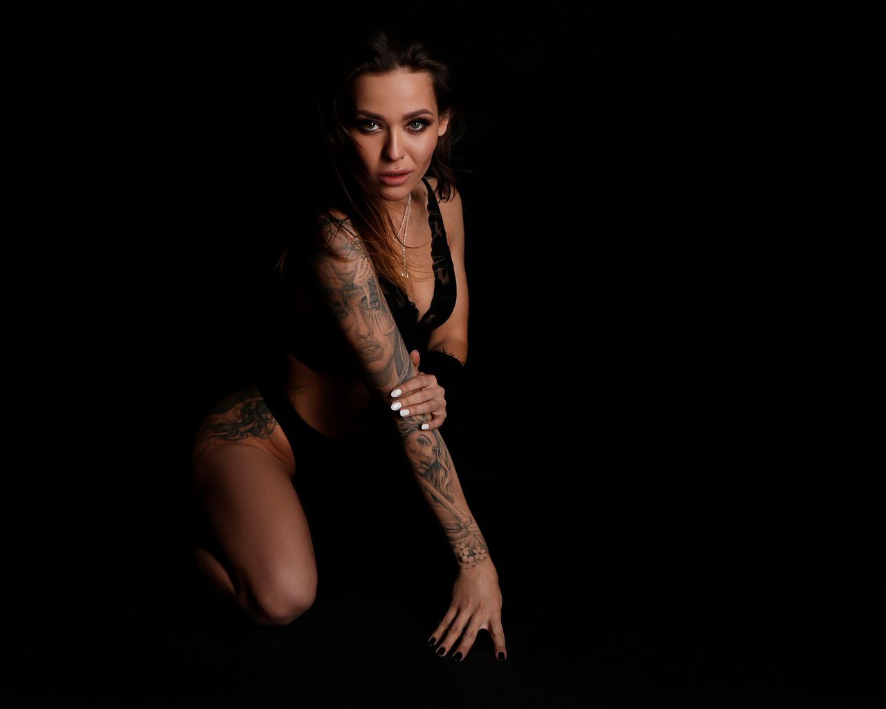 women, black lingerie, brunette, kneeling, black background, painted nails, tattoo