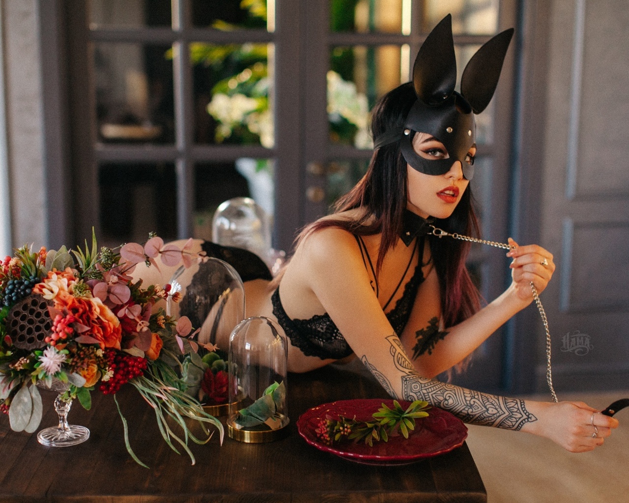 women, red lipstick, black lingerie, mask, ass, table, tattoo, brunette