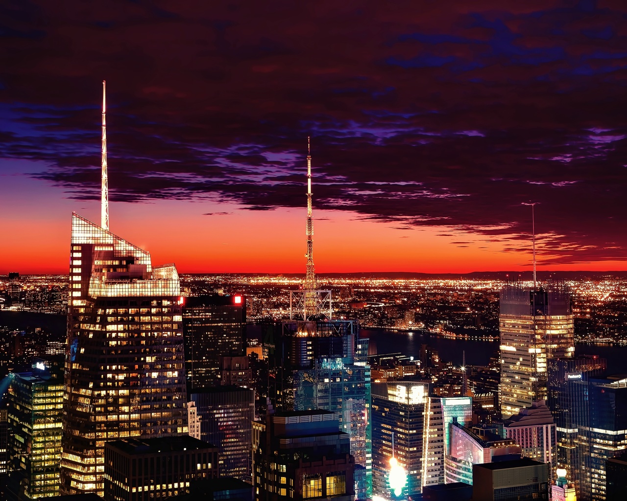 new york, sunset, skyscrapers, clouds, night, scenic, architecture, united states