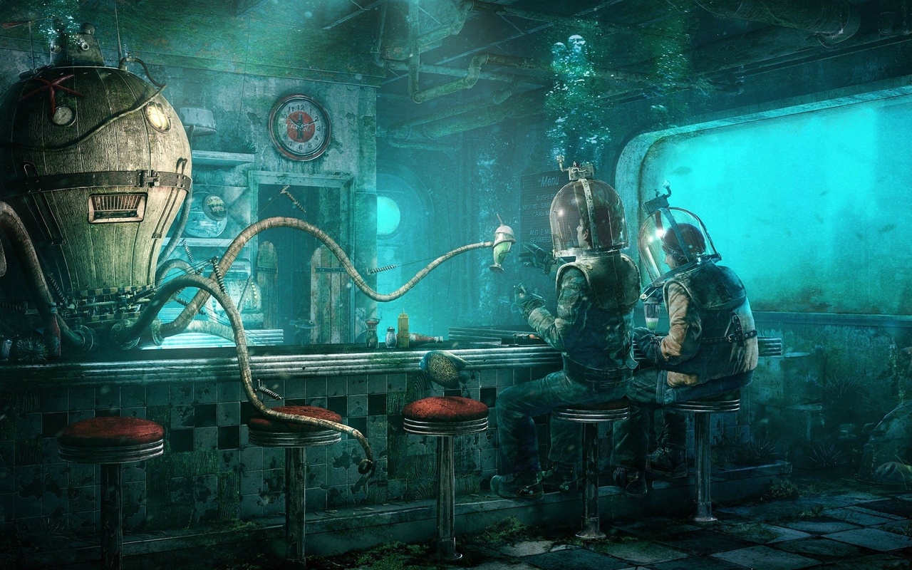 underwater restaurant, sci-fi, post-apocalyptic, sci-fi