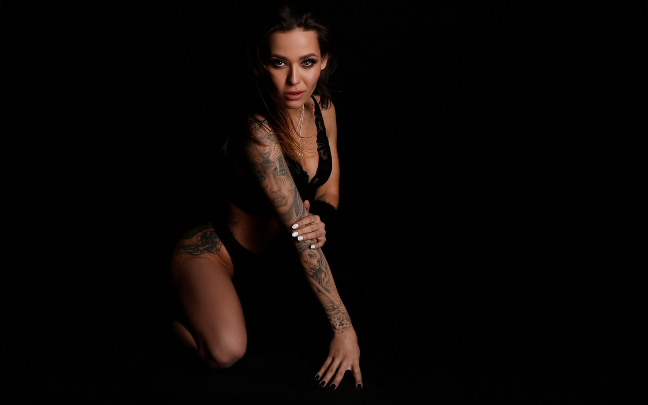 women, black lingerie, brunette, kneeling, black background, painted nails, tattoo