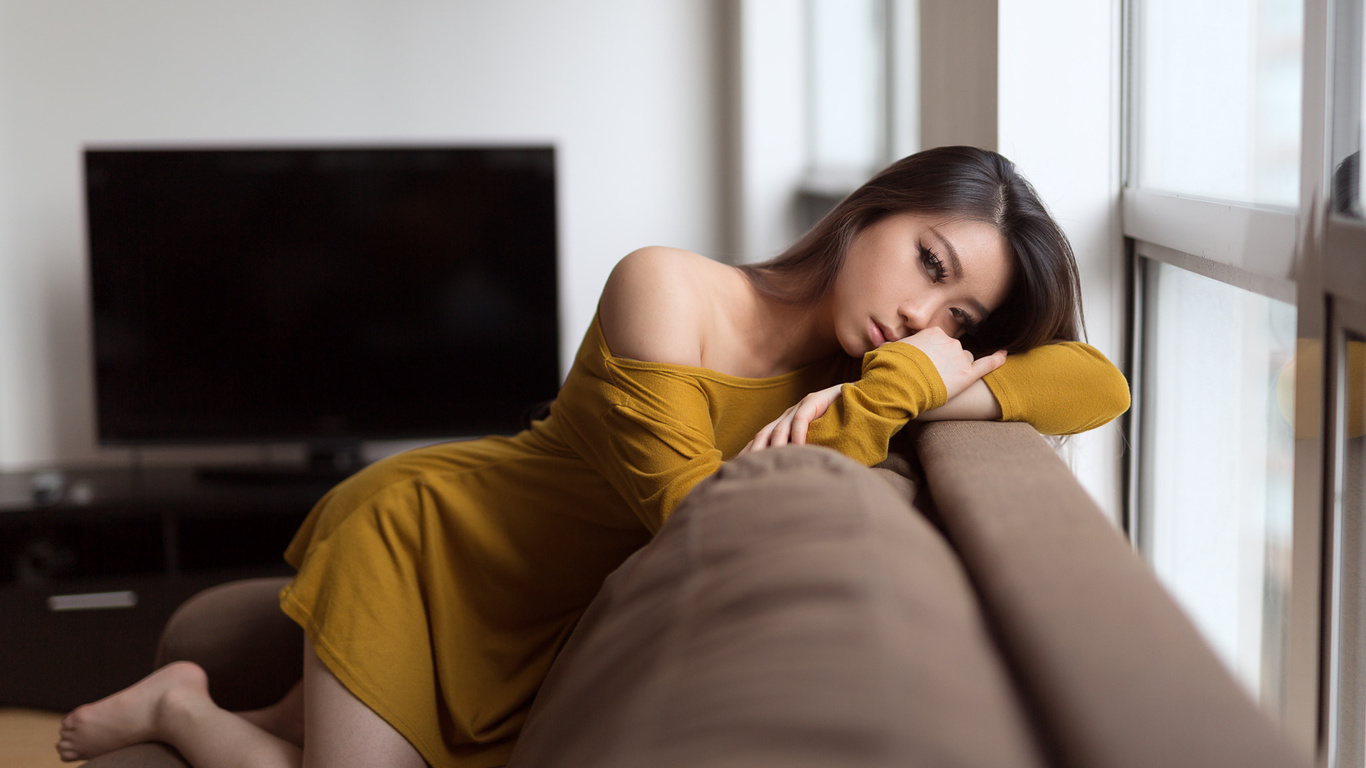 women, asian, kneeling, couch, tv, window, yellow dress, portrait, mike wu ,sylvie