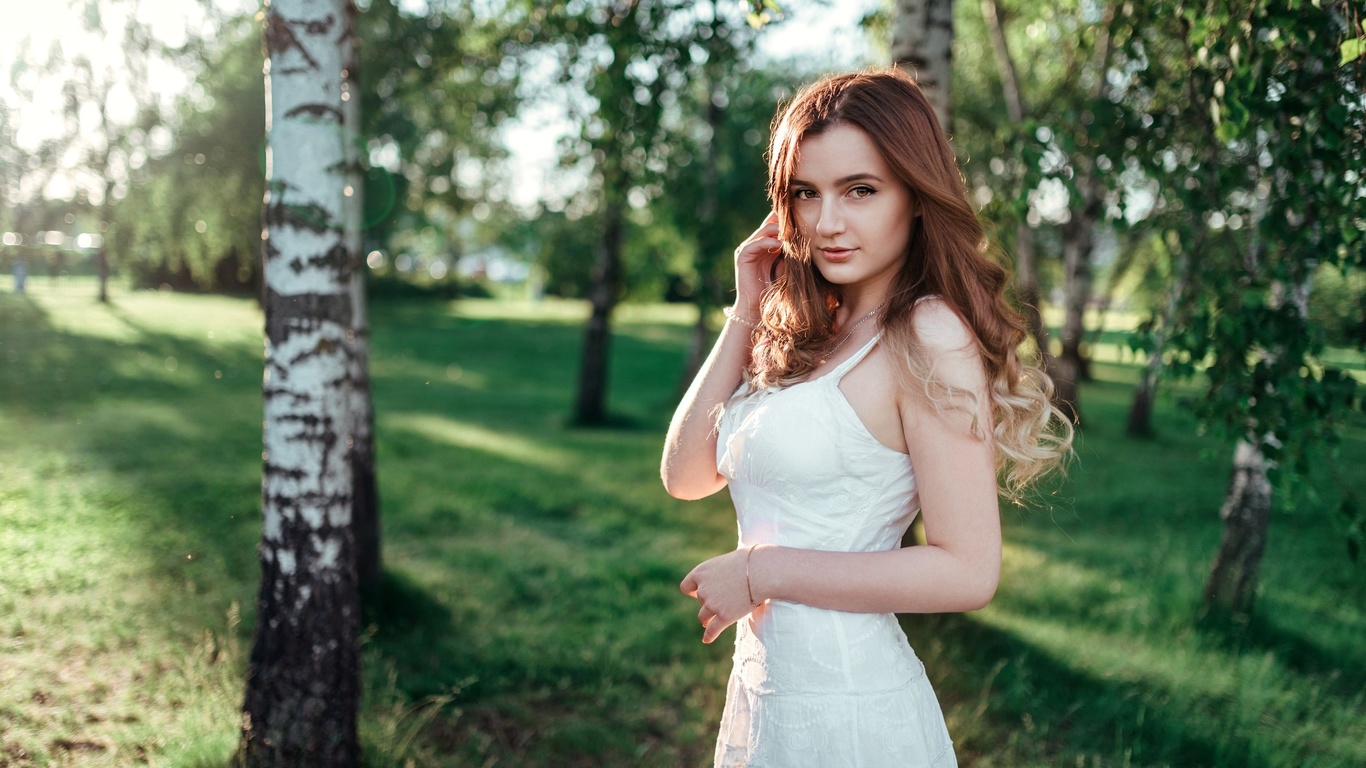 women, portrait, white dress, trees, grass, women outdoors