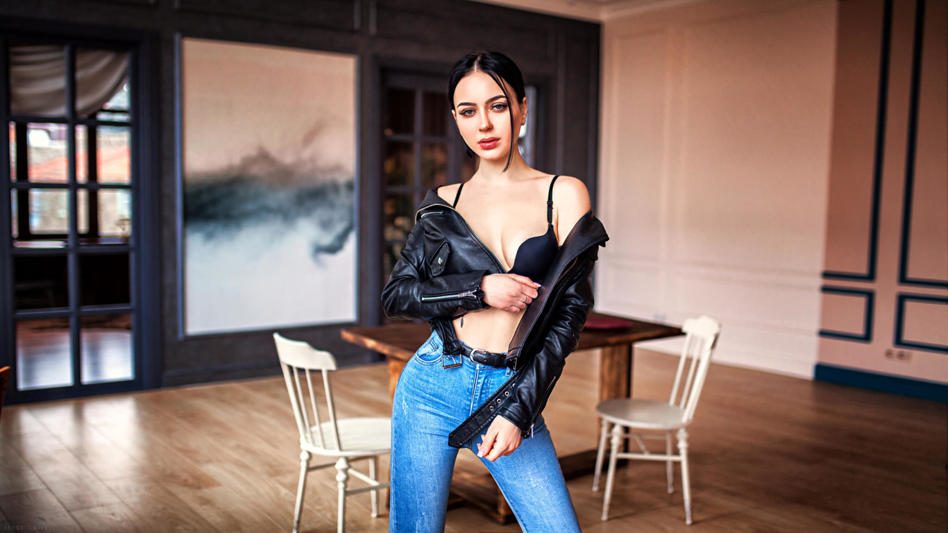 women, skinny, black bras, jeans, chair, table, belt, leather jackets