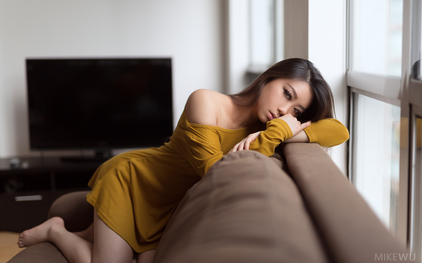 women, asian, kneeling, couch, tv, window, yellow dress, portrait, mike wu ,sylvie