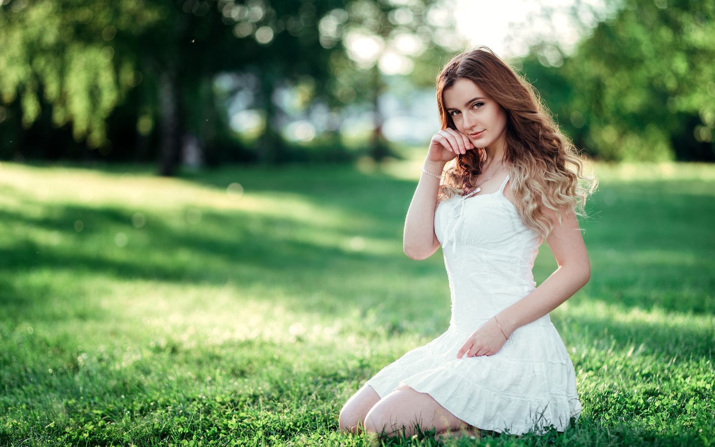 women, portrait, white dress, trees, grass, kneeling, women outdoors, smiling