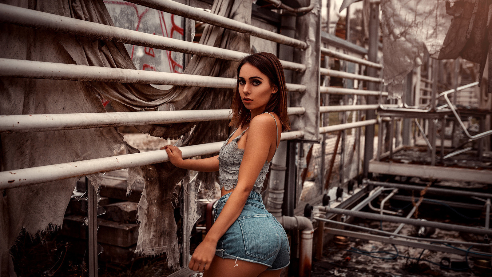 women, jean shorts, brunette, portrait, abandoned, red nails