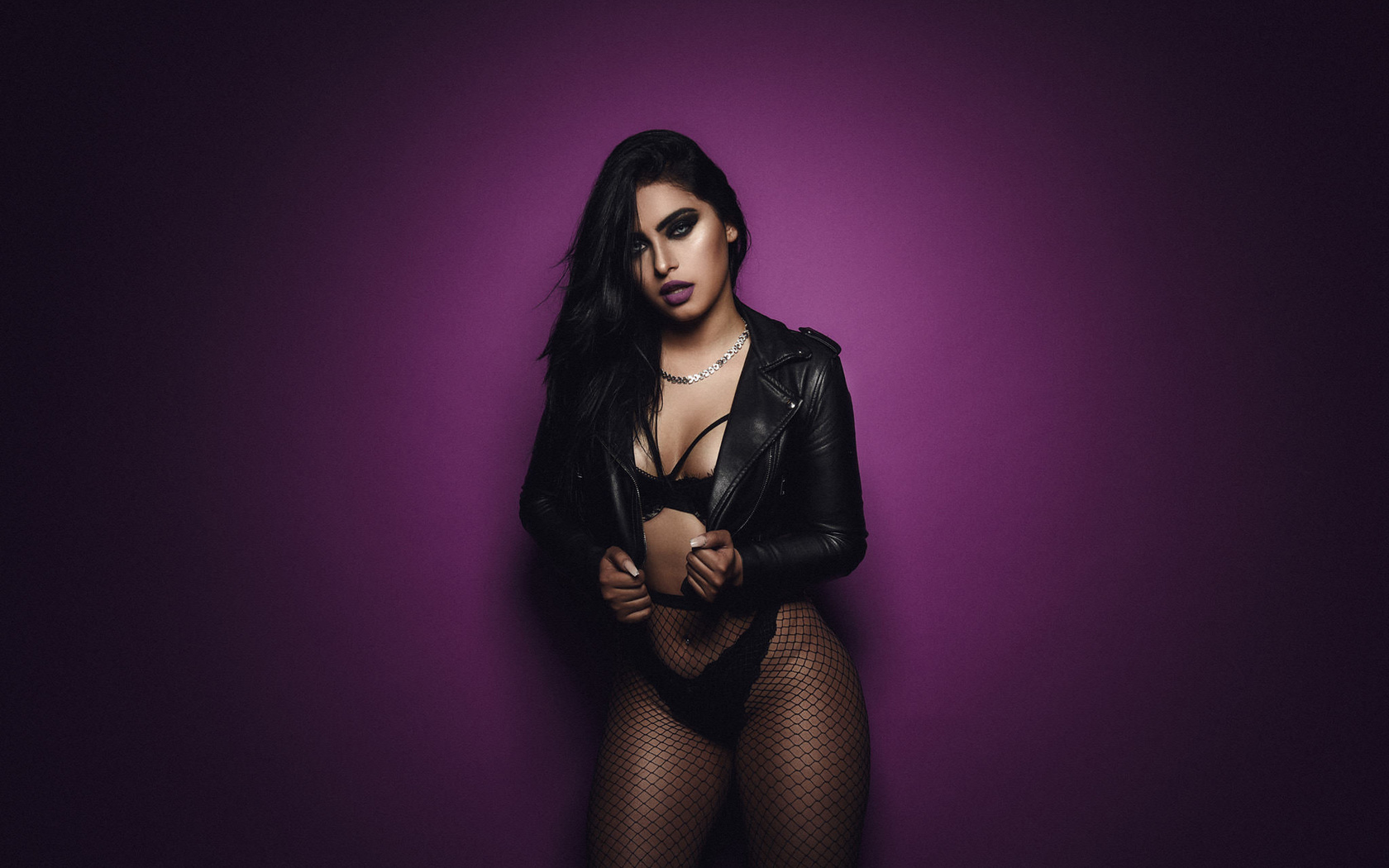 women, paul egas scarino, purple background, brunette, leather jackets, black lingerie, fishnet lingerie, fishnet stockings, pierced navel