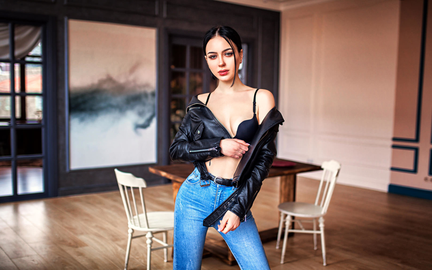 women, skinny, black bras, jeans, chair, table, belt, leather jackets