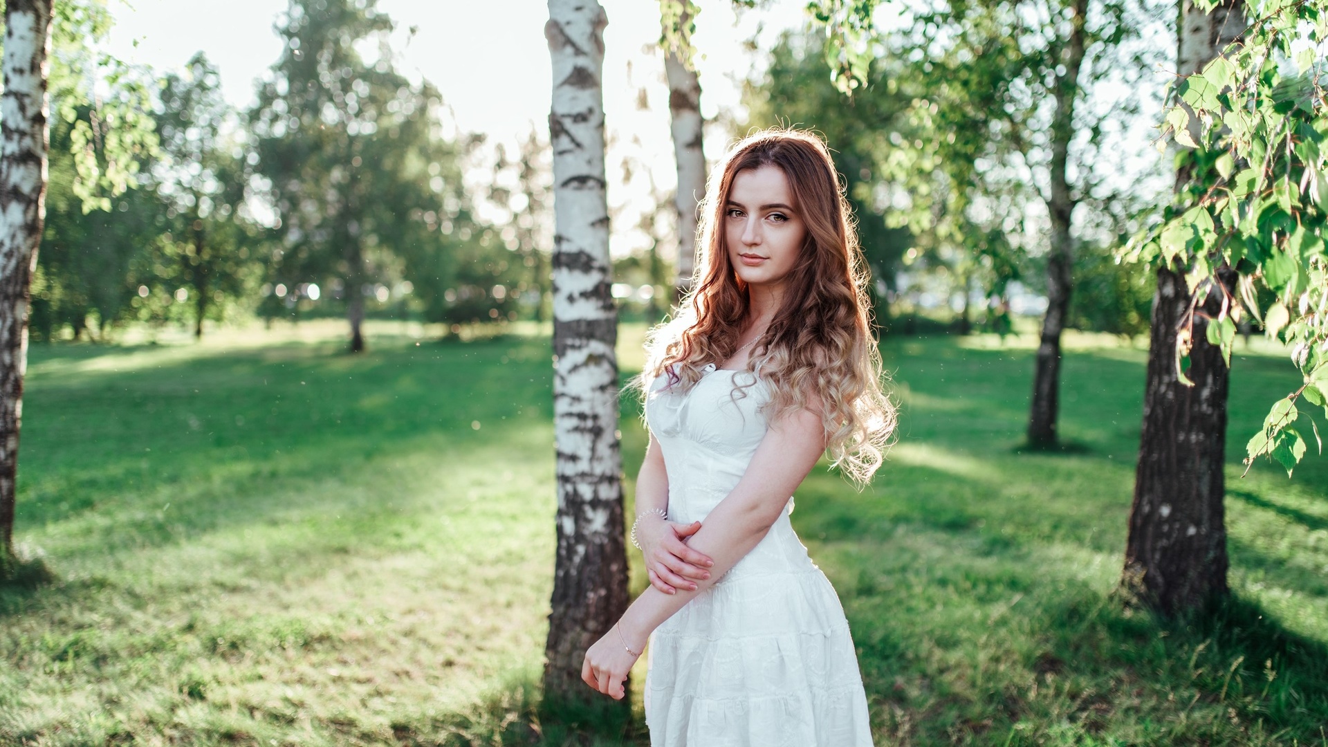 women, portrait, white dress, trees, grass, women outdoors