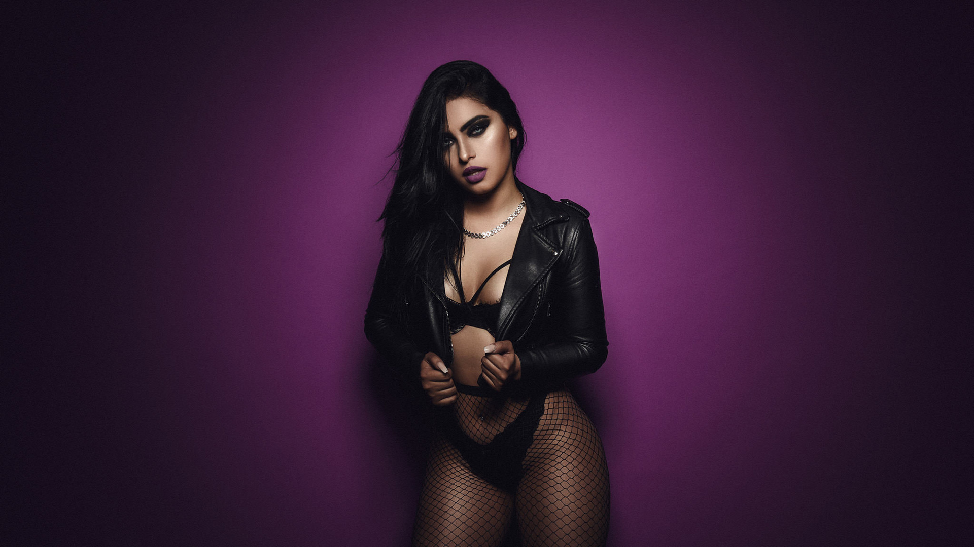 women, paul egas scarino, purple background, brunette, leather jackets, black lingerie, fishnet lingerie, fishnet stockings, pierced navel